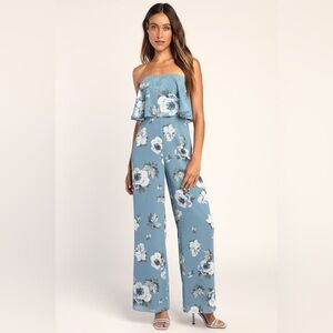 NWT lulus Finest Florals Slate Blue Floral Print Strapless Jumpsuit